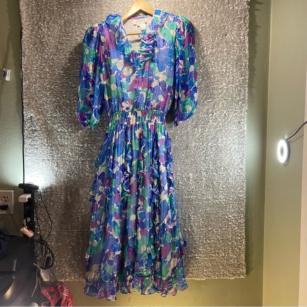 Vintage 80s Silk Floral Ruffle Midi Dress Sheer Metallic S Boho Elastic Waist